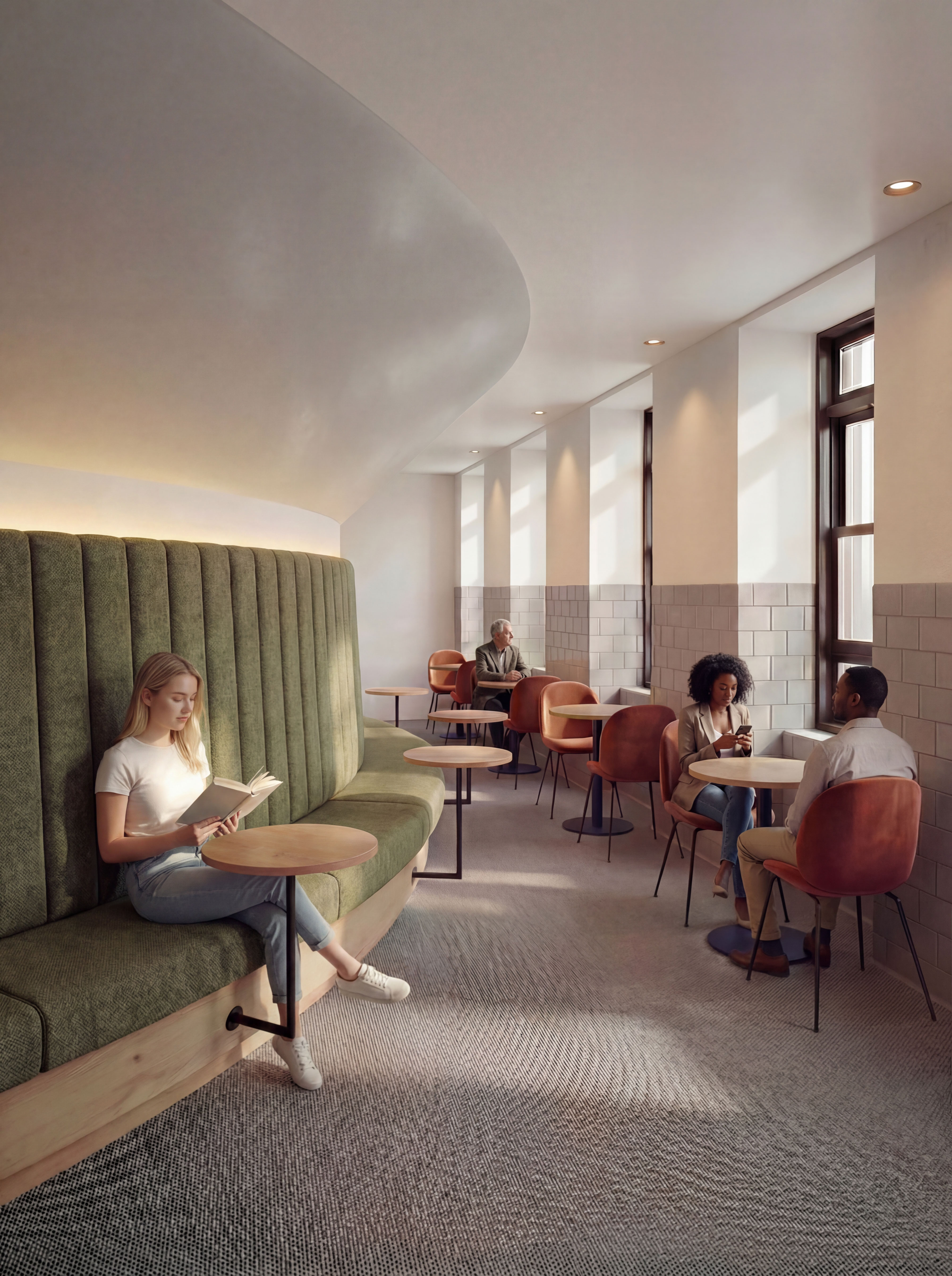 Bright, modern cafe lounge with a woman reading on a green bench, other patrons at tables.