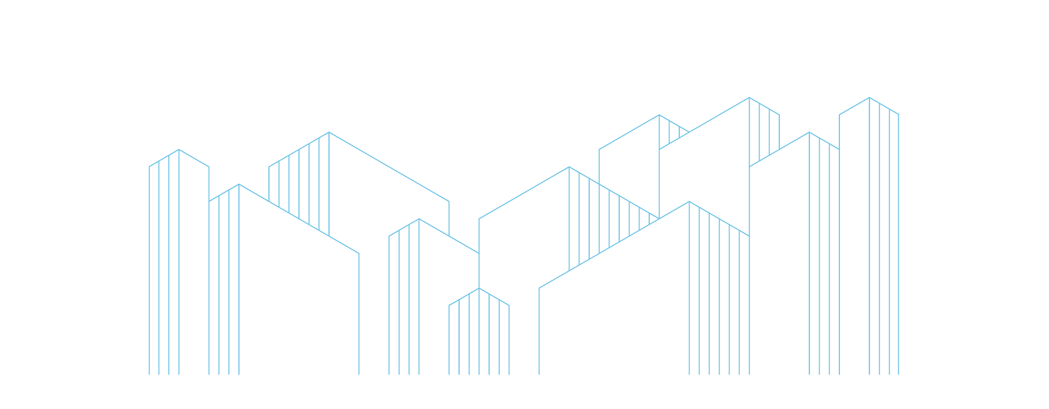 Light blue outlined graphic of a city skyline with various buildings.