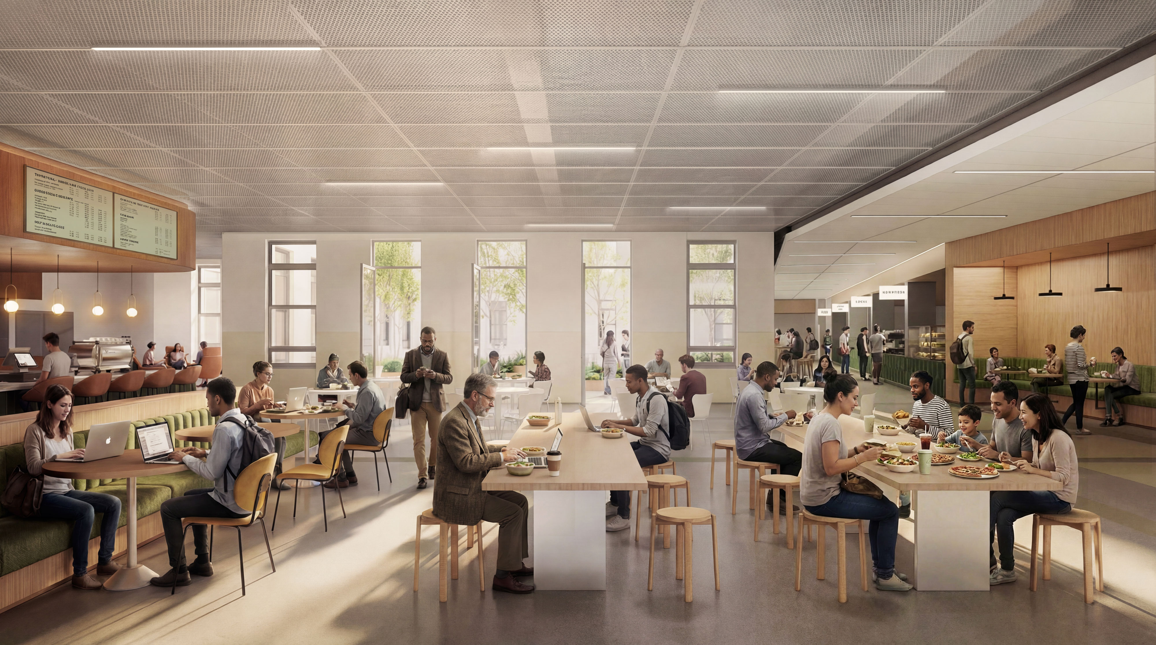 Busy modern cafeteria with many people eating and socializing at tables.