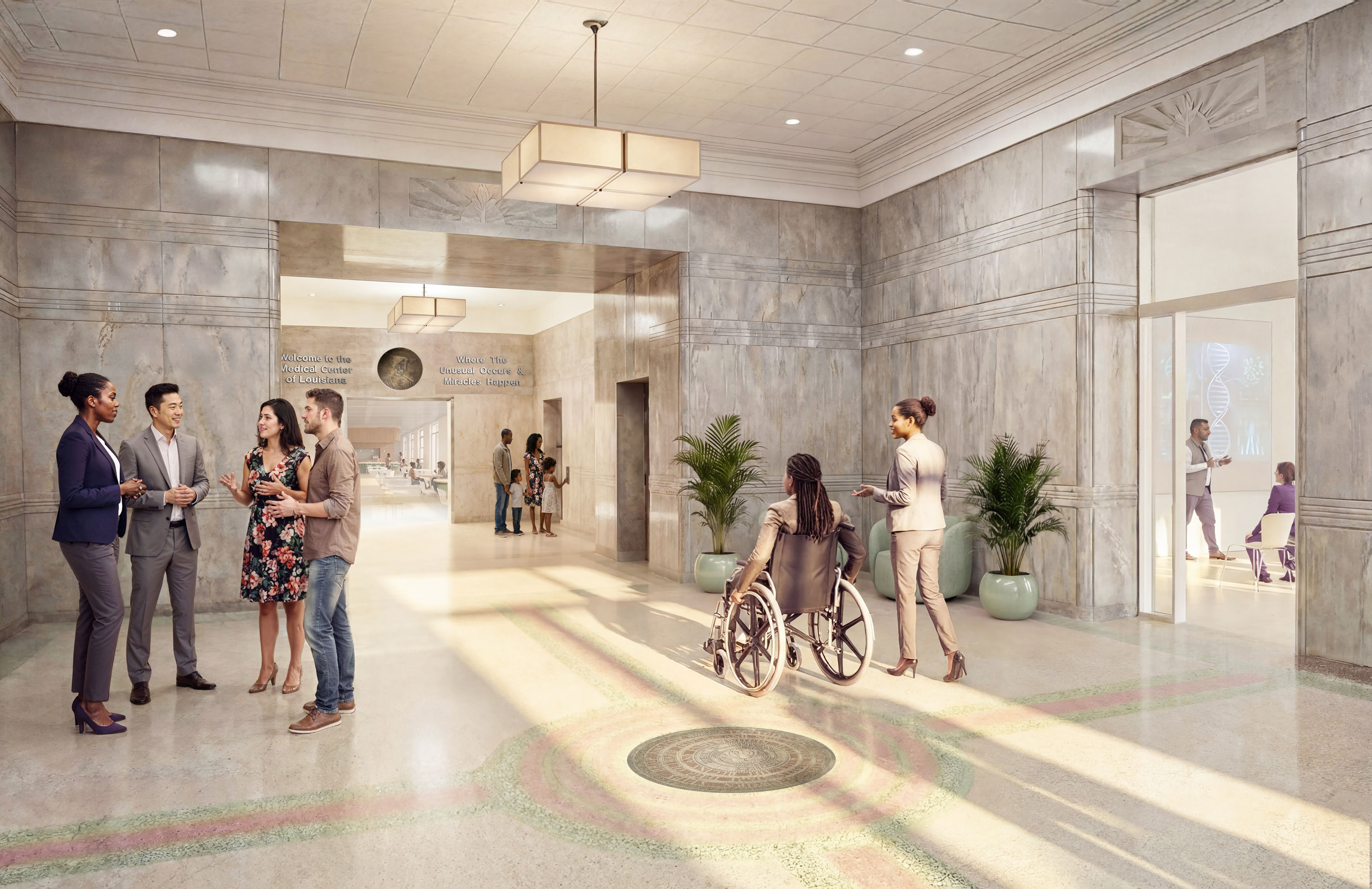 Diverse people in a grand, sunlit lobby, including a person in a wheelchair.