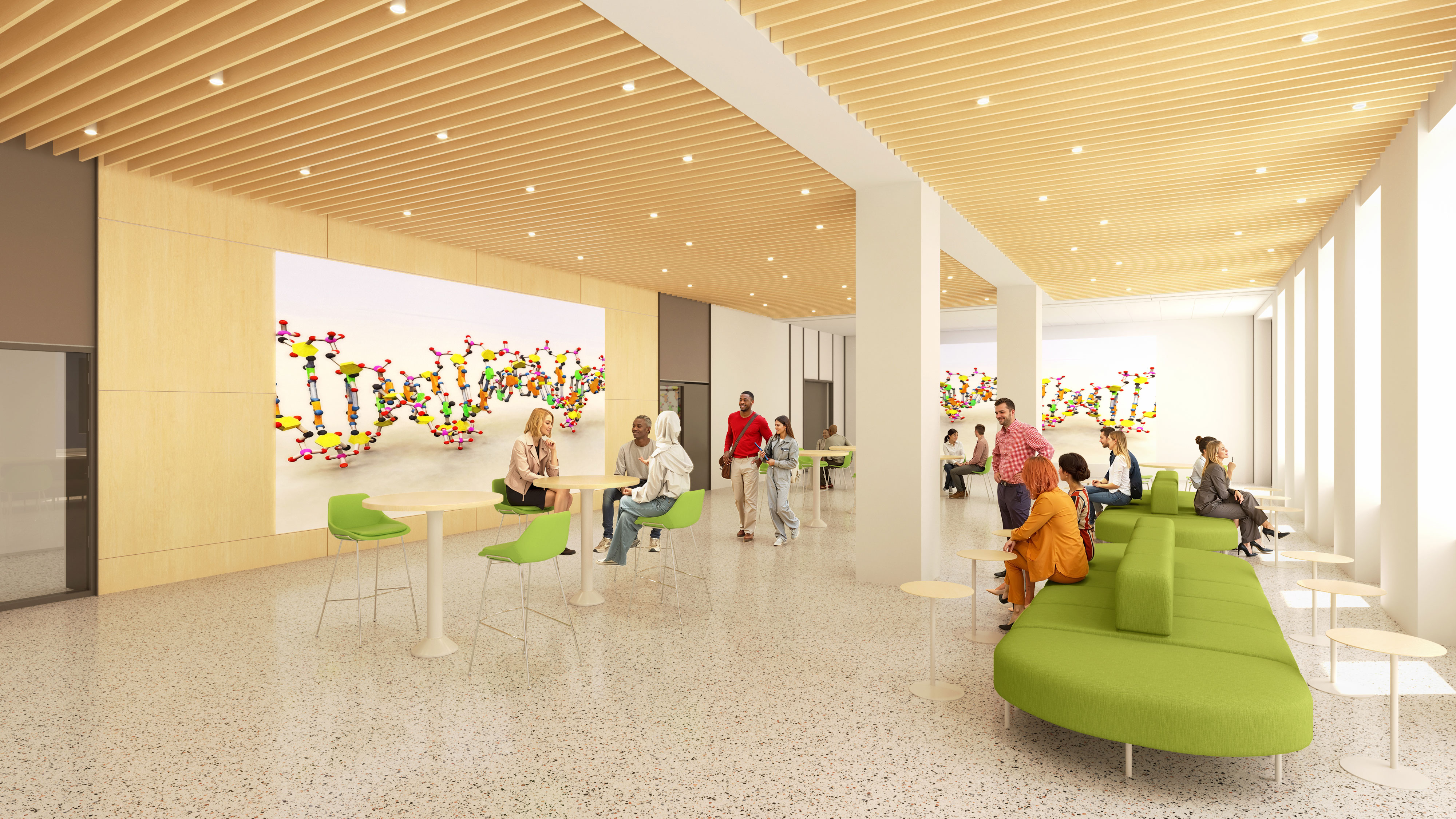 Graphic of a modern lobby with people, green seating, and a large colorful DNA display.