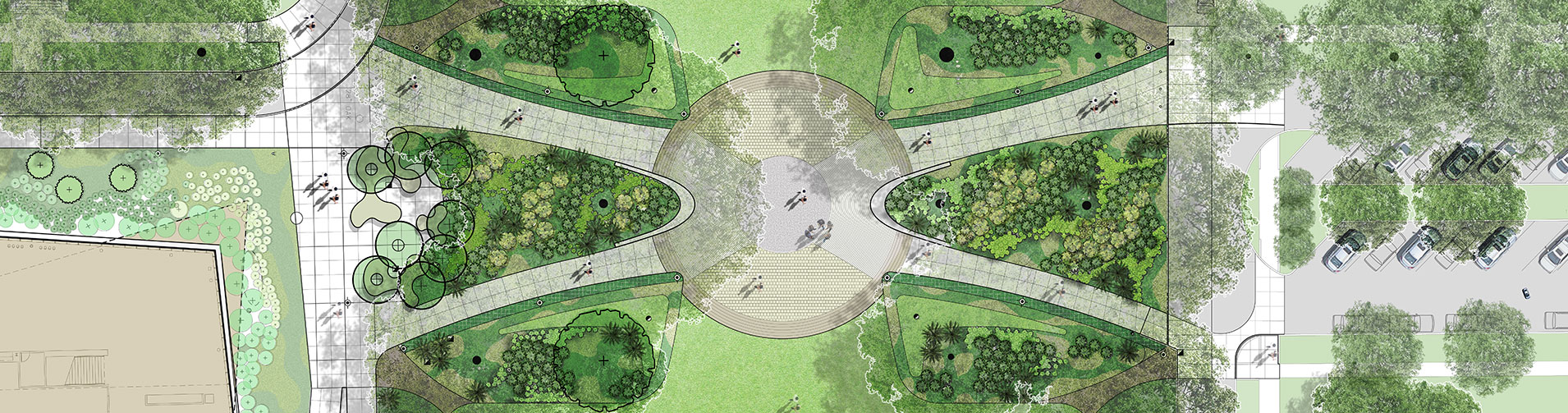 Green park landscape rendering with curved paths, a central circle, and various trees.