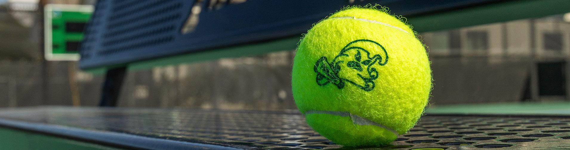 A tennis ball sits on a bench in the new Tulane Tennis courts.