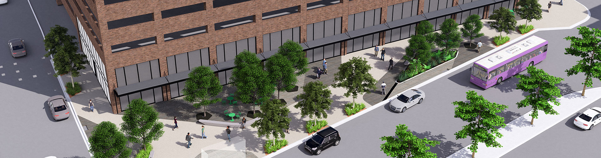 Graphic rendering of a modern city street with buildings, trees, cars, bus, and pedestrians.