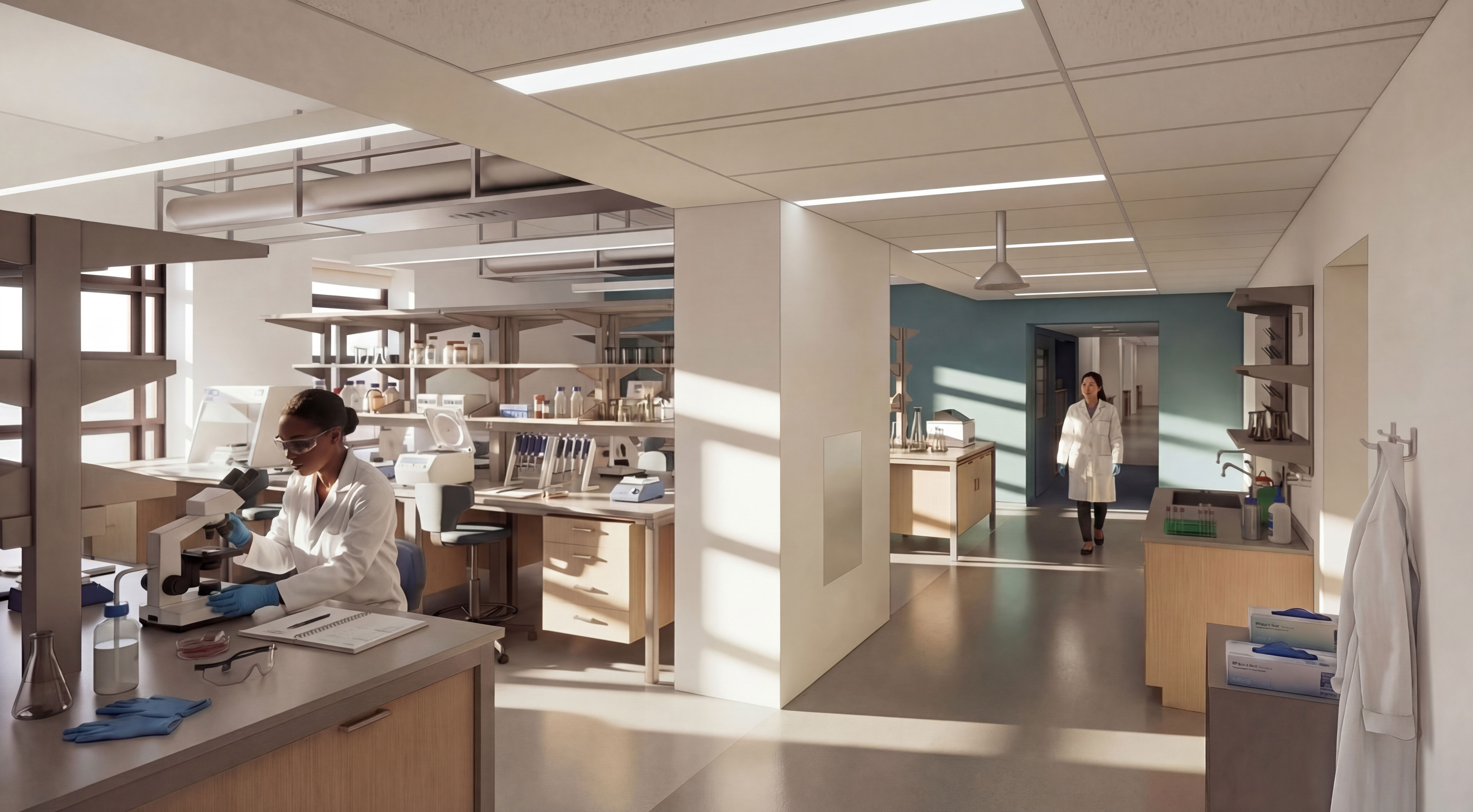 Scientists in a modern, sunlit lab, one at a microscope, another walking.